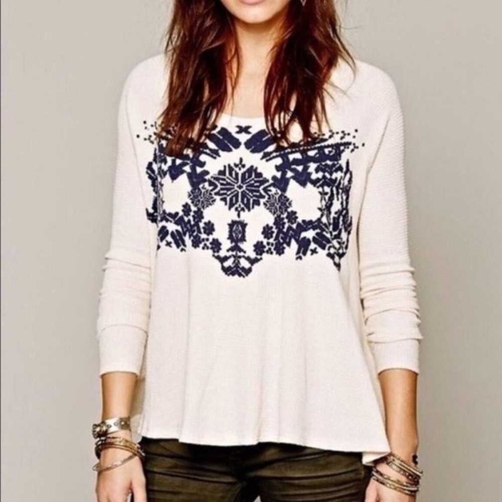 We The Free Free People Cream Waffle Shirt Navy Graphic Boho A Line Size S